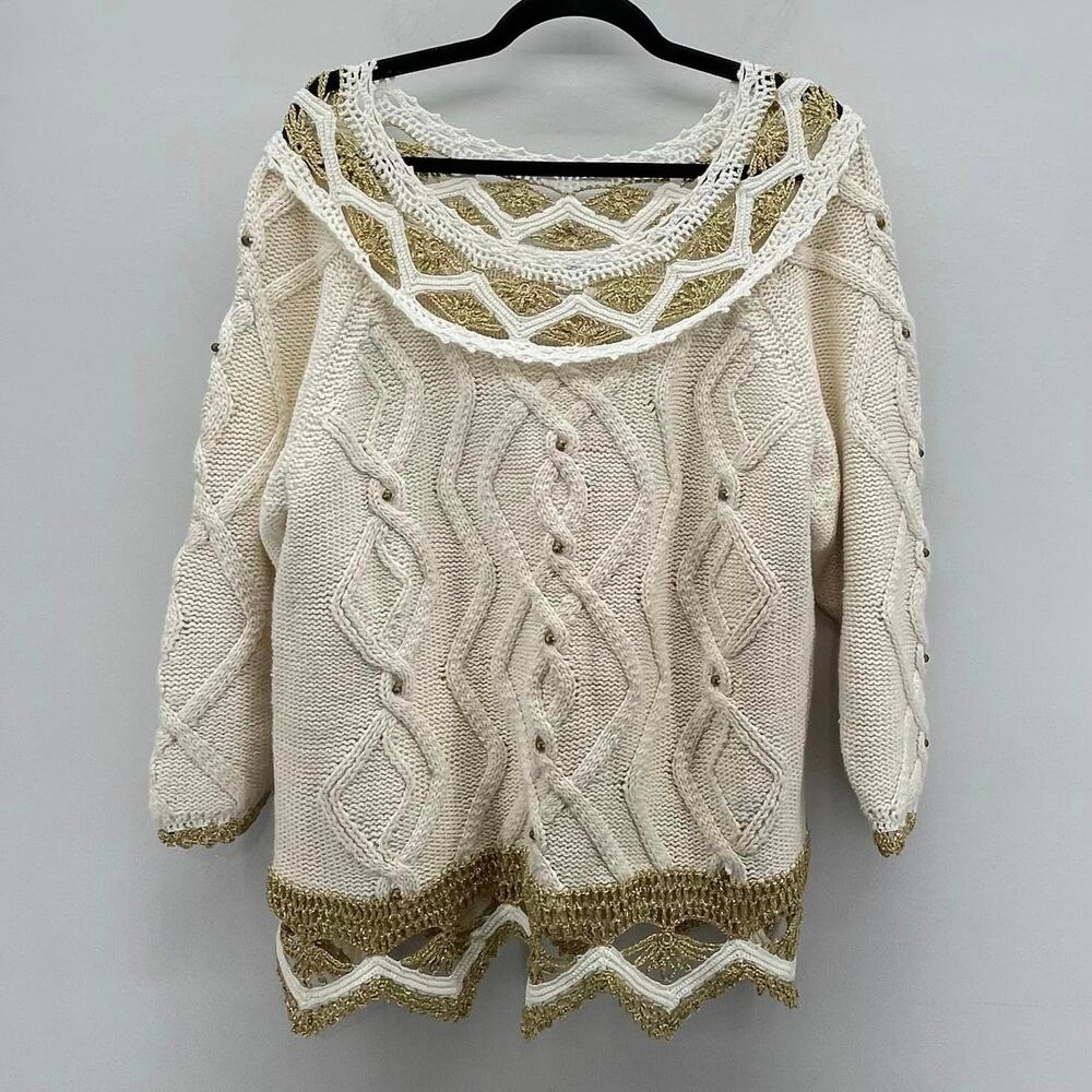 VTG Rebecca Stone Sweater Cream Gold Lurex Embellished Boat Neck Winter‎ Dressy